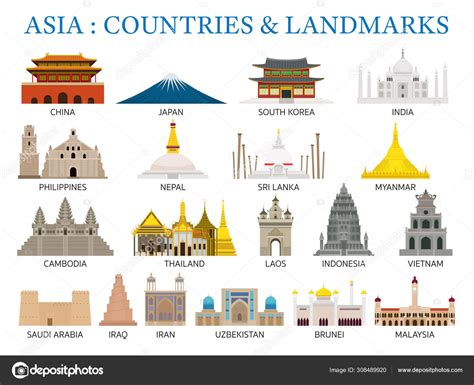 Asia Countries Landmarks in Flat Style Stock Vector by ©muchmania 308489920