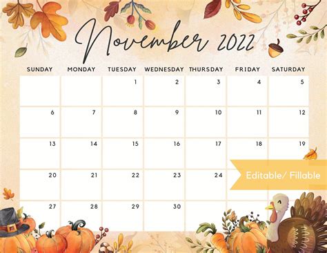 Editable November 2022 Calendar Thanksgiving Day Printable - Etsy in 2022 | Family calendar ...