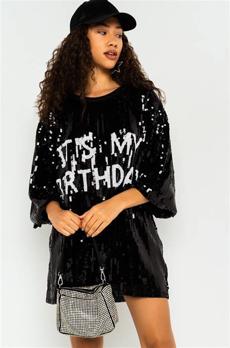 ITS MY BIRTHDAY SEQUIN TSHIRT DRESS in color black white | Plus size ...