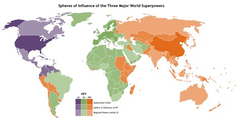 [OC] Map of the spheres of influence of the three major economic superpowers, as defined by ...