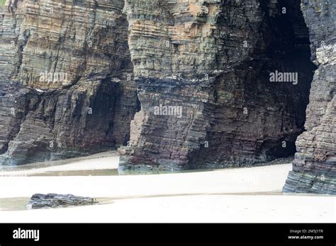 Close up of the cliffs and caves of the As Catedrais beach (Cathedrals beach). Lugo, Galicia ...