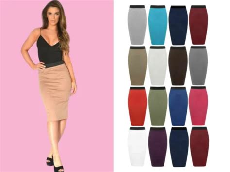 LADIES PLAIN OFFICE Stretch Bodycon Midi Pencil Skirt Plus Size Uk 8-26 £5.05 - PicClick UK