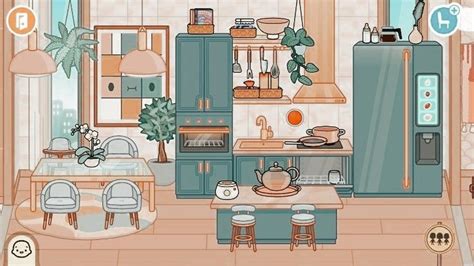 an animated kitchen with blue cabinets and appliances