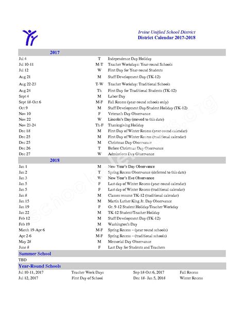 2017 - 2018 IUSD Calendar | Irvine Unified School District – Irvine, CA