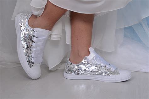 Silver Sequin Wedding Converse for Bride, White sequin Converse