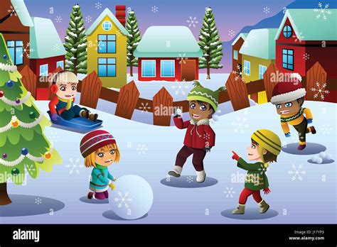 A vector illustration of Kids Playing in the Snow During Winter Season ...