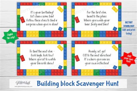 Building blocks treasure hunt clues / Building block party scavenger ...