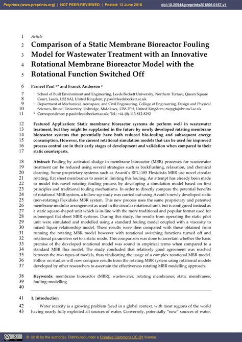 (PDF) Comparison of a Static Membrane Bioreactor Fouling Model for Wastewater Treatment with an ...