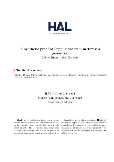 (PDF) A Synthetic Proof of Pappus’ Theorem in Tarski’s Geometry