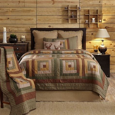 New Country Rustic Lodge LOG CABIN BLOCK QUILT & SHAM SET Green Tan Brown KING | Дом, Покрывало ...