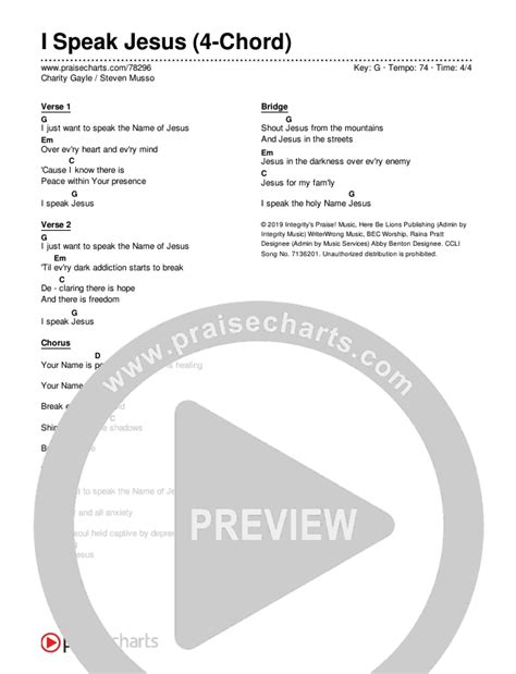 I Speak Jesus (4-Chord) Chords PDF (Charity Gayle / Steven Musso) - PraiseCharts