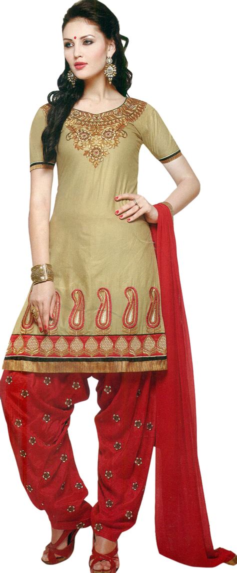 Parsnip and Red Patiala Salwar Kameez Suit with Embroidered Florals and ...