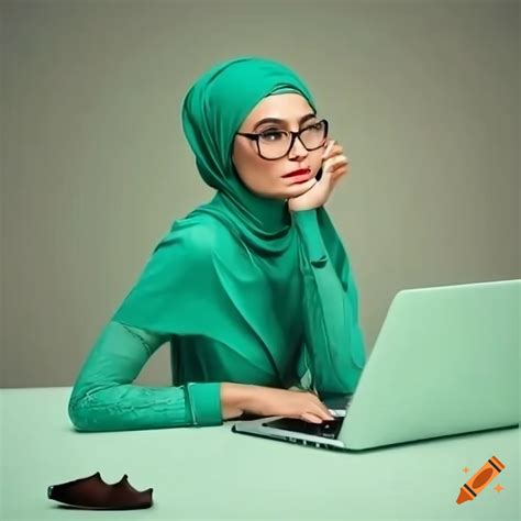 Woman with light brown skin wearing hijab working on laptop