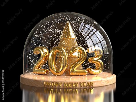 2023 Happy new year concept. Christmas tree and golden numer 2023 inside the snow globe. 3d ...