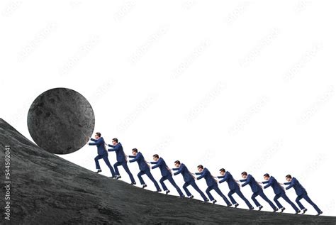 Team of people pushing stone uphill Stock Photo | Adobe Stock