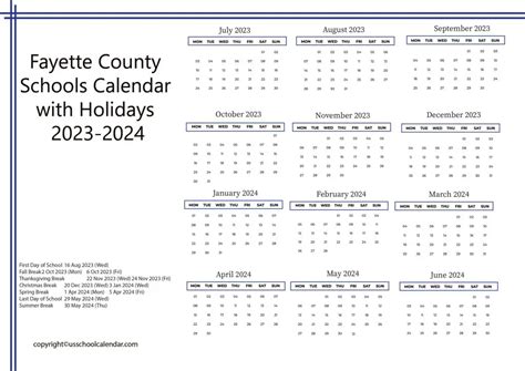 Fayette County Schools Calendar with Holidays 2023-2024