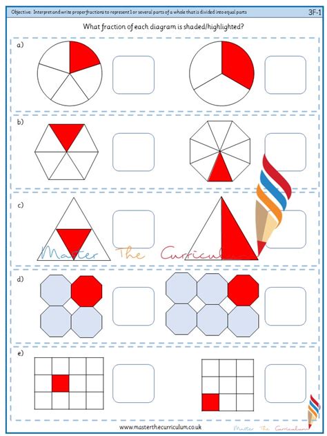 Interpret and write proper fractions to represent 1 or several parts of a whole that is divided ...