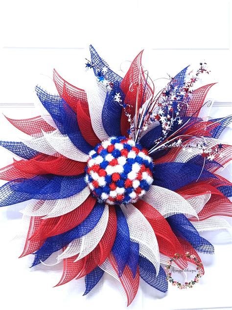 Patriotic Flower Wreath, Red white and blue Decor, Front Door wreath ...