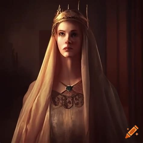 Fantasy princess in medieval gown holding a torch in a castle tower