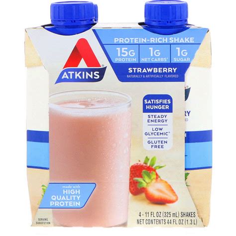 Atkins, Protein-Rich Shake, Strawberry, 4 Shakes, 11 fl oz (325 ml ...