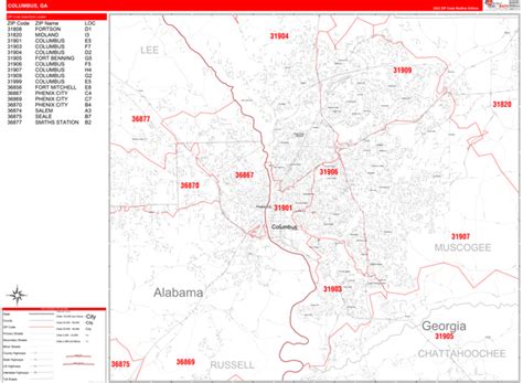 Columbus Georgia Wall Map (Red Line Style) by MarketMAPS - MapSales