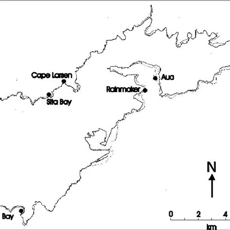 Map of Tutuila showing the approximate location of the two coral survey ...