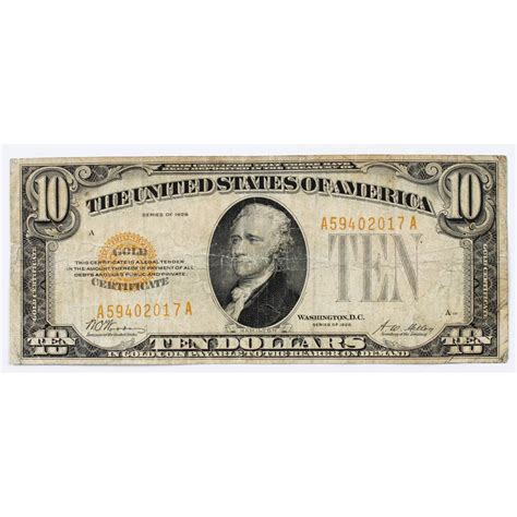 1928 $10 Ten-Dollar U.S. Gold Certificate Bank Note | Pristine Auction