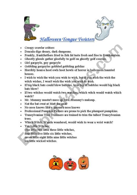 English worksheets: halloween tongue twisters