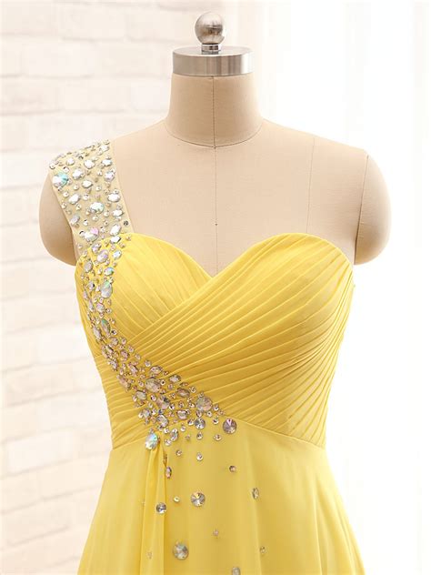 Elegant One Shoulder Yellow Chiffon Beaded Pleat Long Party Dress,bridesmaid Dresses on Luulla