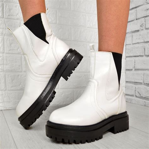 Womens White Chunky Chelsea Ankle Boots Comfy Thick Soles Winter Elastic Shoes | eBay