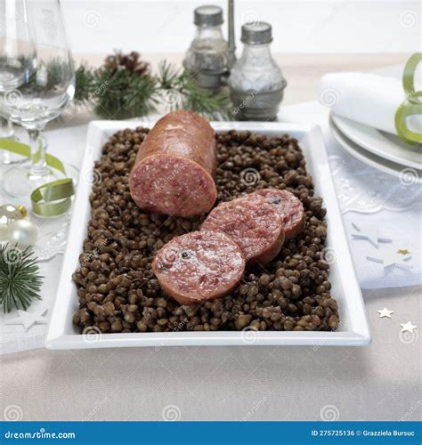 An Italian New Year Eve Table. Cotechino with Lentil. Stock Photo - Image of flat, sausage ...