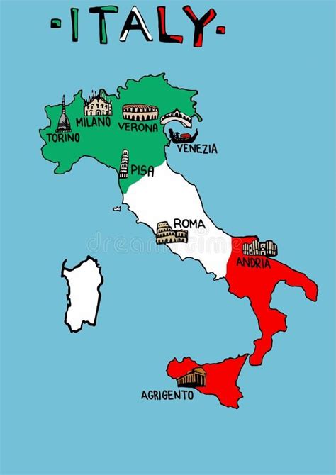 an illustrated map of italy with the capital and major cities in red, green and white