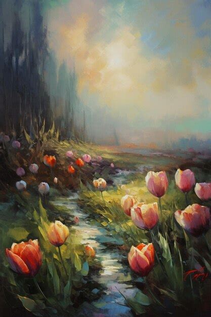 Premium AI Image | A painting of tulips in a field with a stream in the ...