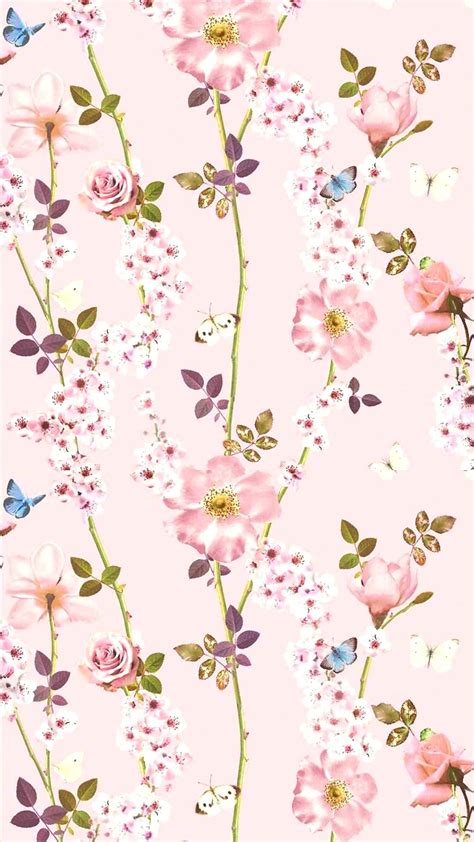 a pink flower and butterfly wallpaper with lots of white flowers on the ...