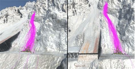 Two views of the same rockfall simulation. The slope is captured by ...