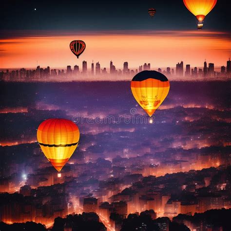 Hot Air Balloon Floating Over Night City, Generative AI Illustration ...