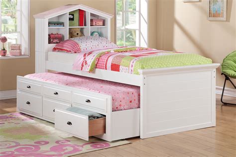 White Kids Girls Bookcase Twin Bed Storage Trundle Drawers F9223 | Casye Furniture