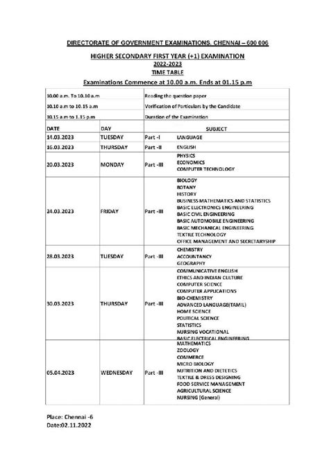 Tamil Nadu 11th Public Exam Time Table 2023