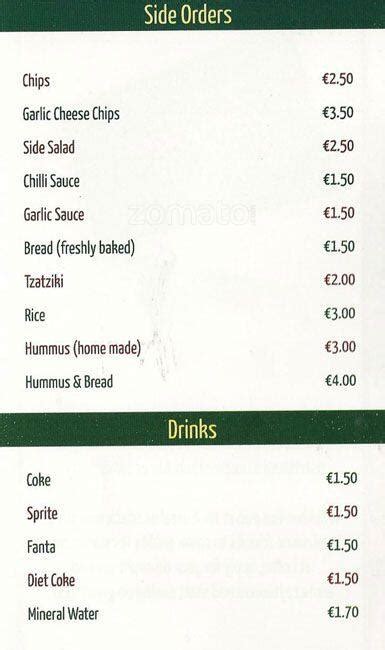 Menu at Zaytoon fast food, Dublin, 45 Camden Street Lower