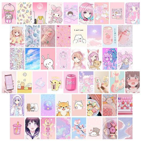 Buy L1rabe 50Pcs Kawai Anime Aesthetic Picture Wall Collage Kit Pink ...