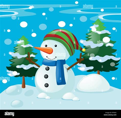 Winter scene with snowman in the field illustration Stock Vector Image ...