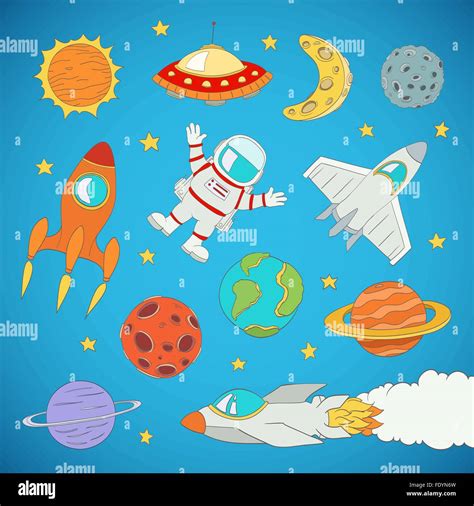 set of cartoon cute outer space astronaut, planets, rockets. vector illustration Stock Vector ...