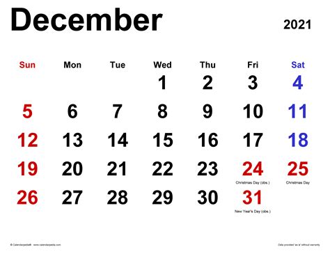 December 2021 Calendar | Templates for Word, Excel and PDF