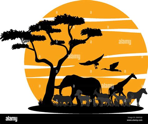 Silhouette of wild animals with sunset illustration Stock Vector Image ...