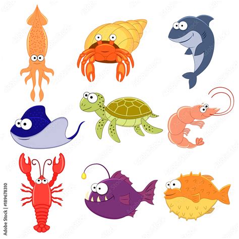 Big vector set of sea creatures. Cute cartoon animals. Vector ...