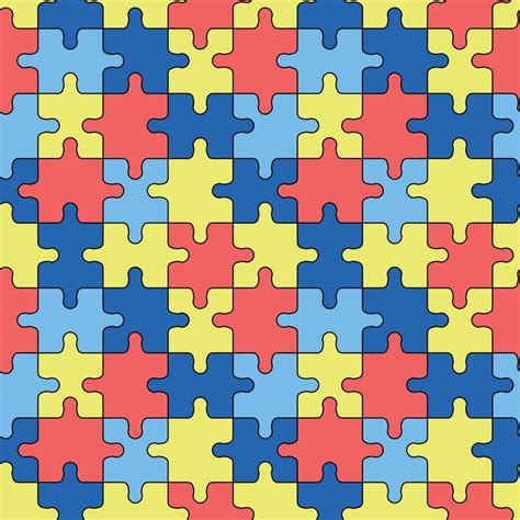 Autism puzzles pattern. Seamless background with outline colorful yellow, blue and red puzzle ...