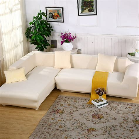 Sofa Covers for L Shape, 2pcs Polyester Fabric Stretch Slipcovers + 2pcs Pillow Covers for ...