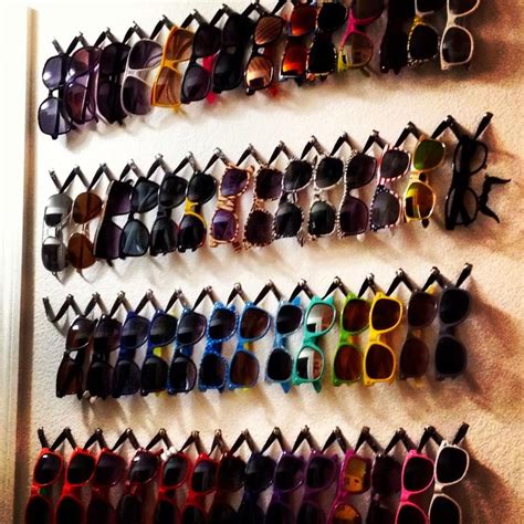 collection of shades on an easy DIY ribbon and tack shelf | Sunglasses storage diy, Sunglasses ...