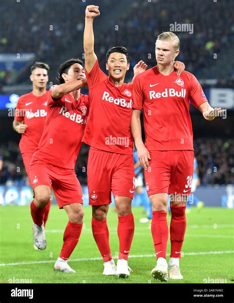 Erling Braut Haland of FC Salzburg (R) celebrates with Her Chan Hwang ...