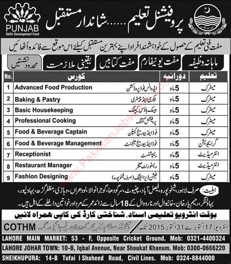 PSDF Free Training Courses in Lahore & Sheikhupura 2015 October COTHM Latest in Selected ...